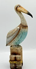 Teal Chested Pelican Sculpture with Brown Block Beautiful Accents Textured 13"
