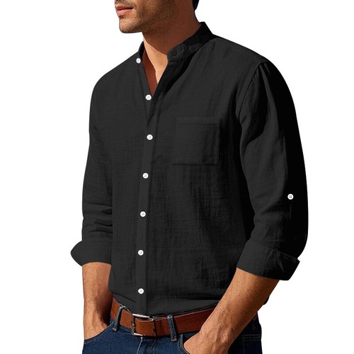 Herren Leinen Hemd Langarm T-Shirt Langarmshirt Freizeit Hemden Knopf Bluse Tops - Bild 21 von 29