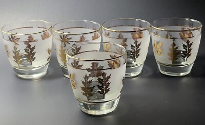 5 LIBBEY GOLD LEAF FROSTED 8oz 3 1/4'' High LOWBALL GLASSES MCM BARWARE DRINKING