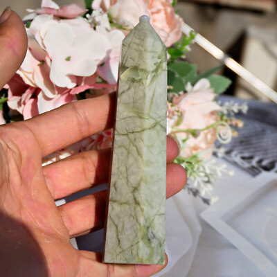 5'' Green Jade Crystal Point Tower Natural Nephrite Stone Luck Prosperity Healing