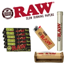 RAW Black Organic 1 1/4 Papers 79mm Rolling Machine BIC Lighter Silver Tube Kit