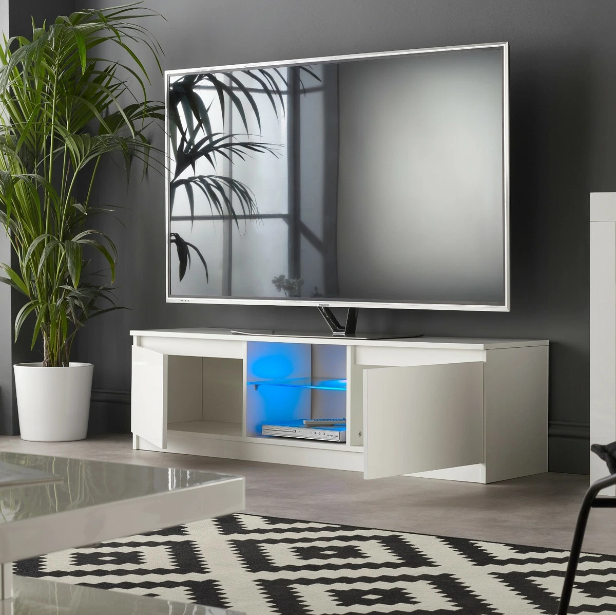 Modern TV Stand Cabinet 140cm White Matt Gloss Blue LED lights for