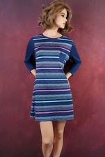 Nautica Dress M Stretchy Knit 3/4 Sleeve Crew Neck Short Blue White Pink Striped