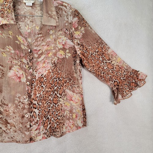 Y2K Sarah B Studio Womens Top Size MP Brown Floral Leopard Sheer Ruffle Retro - Picture 5 of 17
