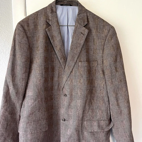 Tasso Elba Blazer Linen Cotton Blend Island Wear Large 42-44 Glen Plaid Grey image 2