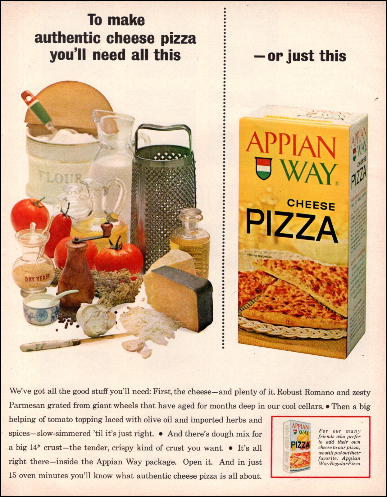 1964 vintage Food AD APPIAN WAY PIZZA in a Box, Ready in 15 minutes