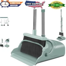 Large Upright Broom & Dustpan Set with Long Handle - Heavy Duty, Green, Easy ...