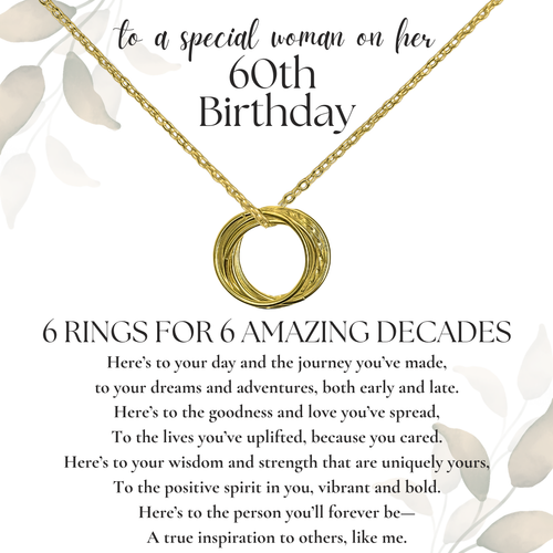 60th Birthday Necklace for Women S925 Silver Gold Plated, 6 Rings for 6 Decades - Picture 10 of 10