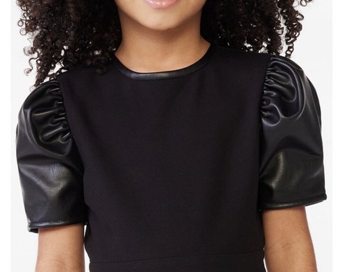 Scoop Girls Black Faux Leather Puff Sleeve Dress Size Medium (7-8) NEW - Picture 2 of 9