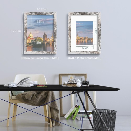 9x12 Picture Frame for 6x8 Photo with Mat or 9x12 Without Mat Distressed White - Picture 3 of 7