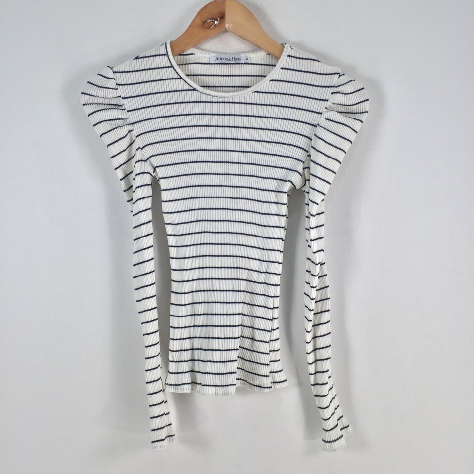 ATmos here womens t shirt size 10 white striped long sleeve round neck 068368