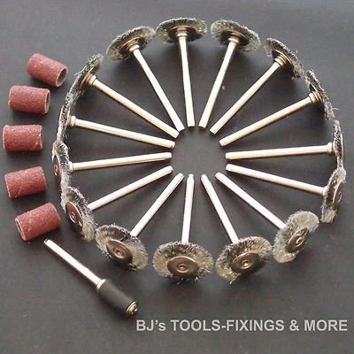 15 STEEL WHEEL BRUSHES + 5 SMALL DRUM SANDERS FOR DREMEL ROTARY HOBBY MULTI TOOL