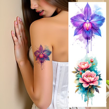 9pcs Temporary Tattoo Watercolor Style Orchid Illustration Rose Images