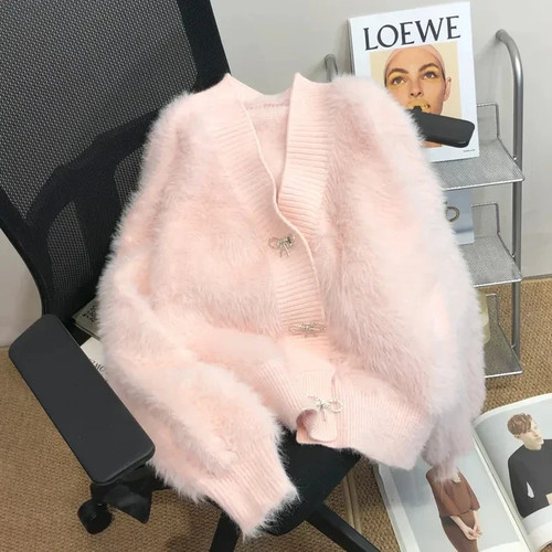 Elegant Knitted Cardigan Women Imitation Mink Cropped Sweater Coat Sweet Bow - Picture 8 of 27