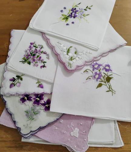 Vgt Lot Of 8 Lavender Cotton Embroidered Hankies Handkerchiefs