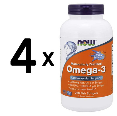 4 x NOW Foods Omega-3 Molecularly Distilled - 200 fish softgels (99,94 EUR/kg)