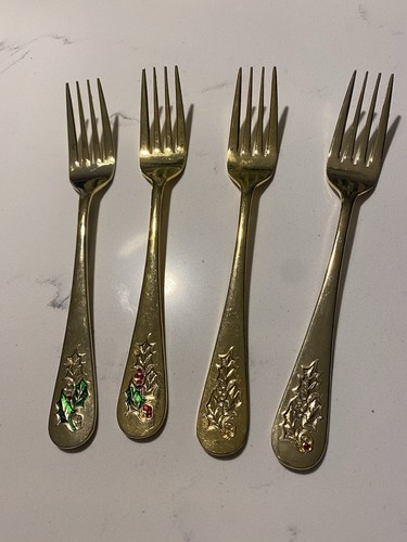 Holly Berry Flatware Gold Tone Dinner Fork Set Of Approx 7.5” - Picture 1 of 1