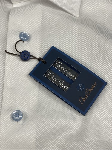 NWT David Donahue Mens 15 32/33 Trim White Dress Shirt NEW $155 Blue Buttons - Picture 2 of 11