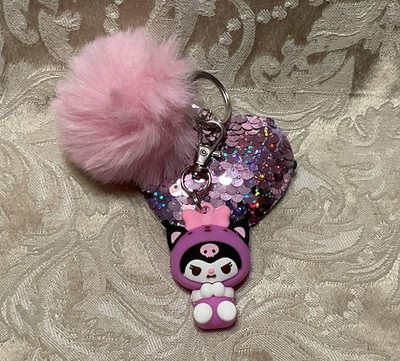 Hello Kitty Kuromi Keychain Backpack 3D Figure Sequin Heart Pom Pom Luggage Tag