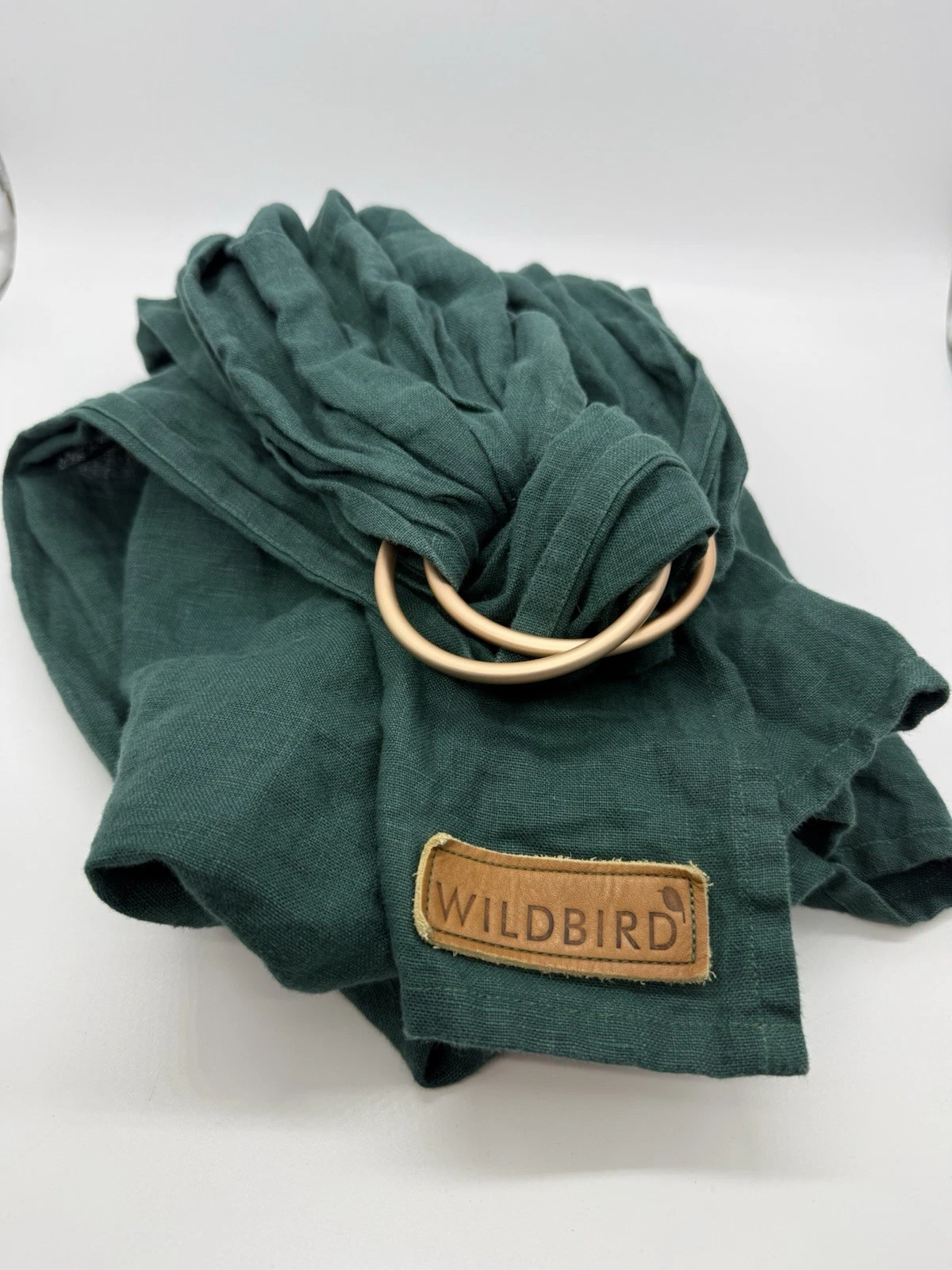 WILDBIRD LINEN RING SLING BABY CARRIER DEEP FOREST EMERALD GREEN GOLD RINGS