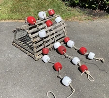 A String of Colorful Red & White  Maine Lobster Trap Toggles, Net Floats