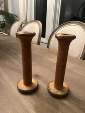 Set of 2 Industrial Textile Spool, Wooden Spinning Bobbins, Vintage Wood Spindle