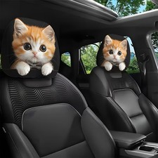 2pcs Cute Large-Eyed Cat Print Car Headrest Covers Soft Comfortable Universal  