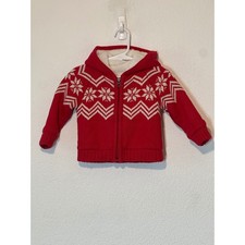 Hanna Andersson Kids Red Fair Isle Sherpa Lined Hood Zip Sweater 12-18M Pom Pom