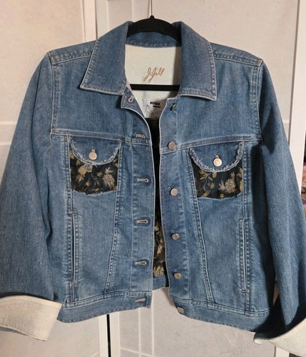 Upcycled J Jill Denim Jacket Womens Medium OOAK Sheer Back panels - Picture 2 of 11