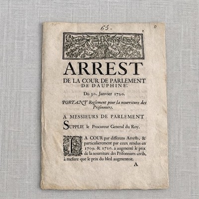 18thC French Decree 1720 Louis XV Prison Rations Law Parlement Dauphiné 4pgs