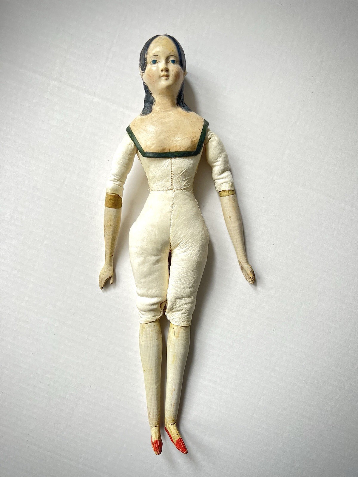 Rare 19th C Antique Paper Mache Milliners Model Doll Kid Leather Wood Limbs