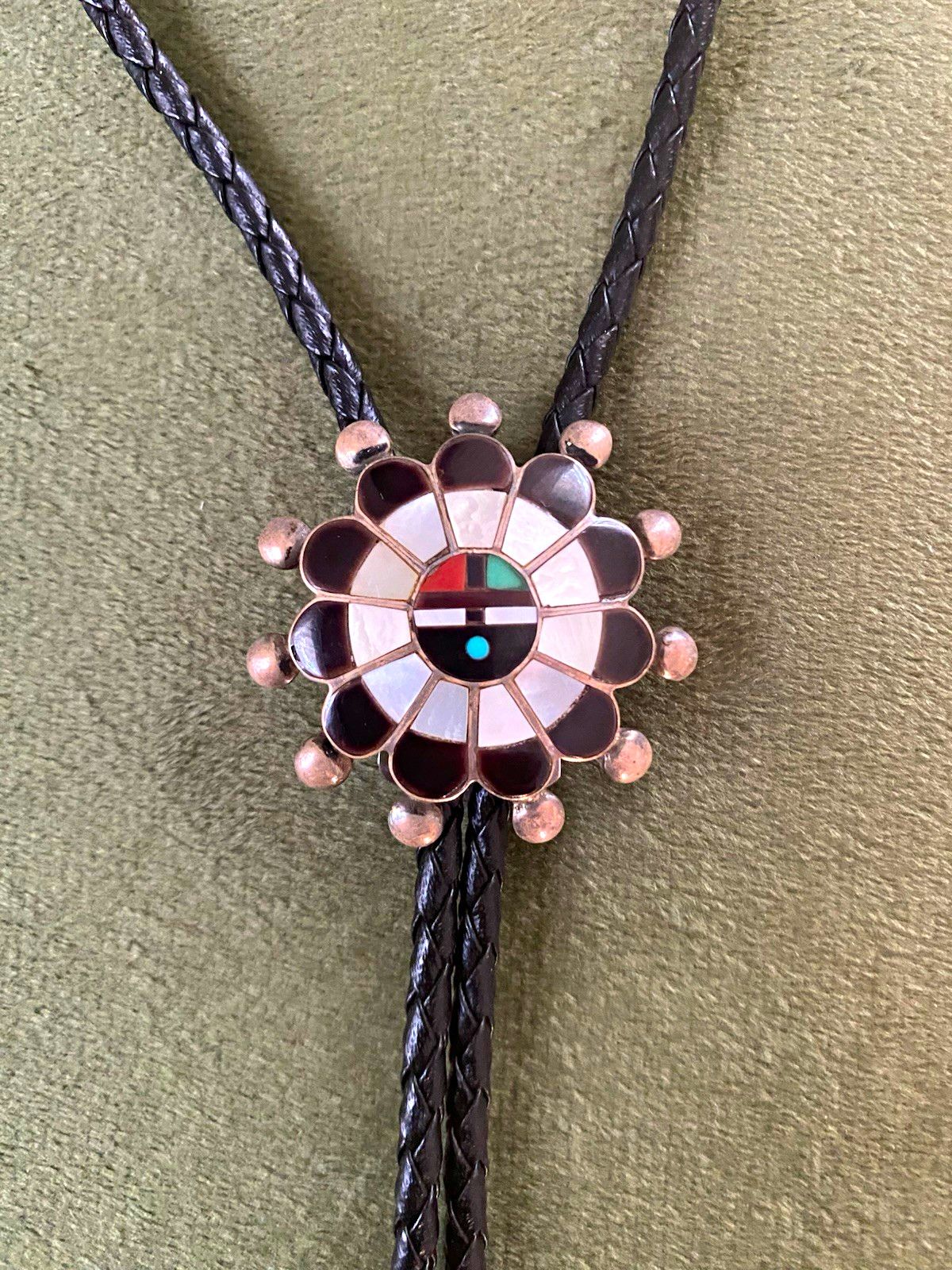 Vintage Zuni Multi-stone Inlay Sun Face Sterling and Leather Bolo Tie