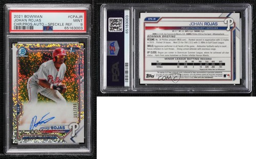 2021 Bowman Chrome Prospects Speckle Refractor Johan Rojas PSA 9 MINT Auto 05ns - Picture 3 of 3