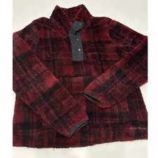 Eddie Bauer Womens Plaid Fleece Snap Neck Pullover Top Burgundy Black M