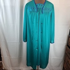 Vtg Shadowline Gown Robe Set Sz Small Teal Blue Coquette 60's Peacock Trim USA