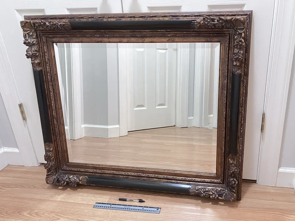 Large Ornate Baroque Framed Mirror 38"x32" Antiqued Crackled Bronze Paint Heavy - Image 3 of 4