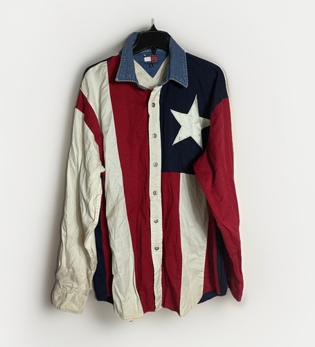 Camisa vintage Y2K Tommy Hilfiger XL bandera americana rayas estrella abotonada algodón - Imagen 1 de 5
