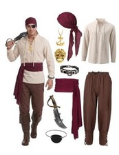 9 Piece Pirate Costume Men, Renaissance Medieval Outfit with Small White-brown