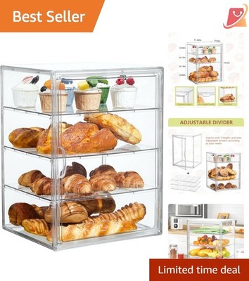 Acrylic Pastry Display Case Bread Box 4 Tiers Adjustable Clear Bakery Organizer