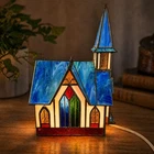 Vintage Tiffany Style Stained Glass Christmas Village Church Lamp Trinity Box