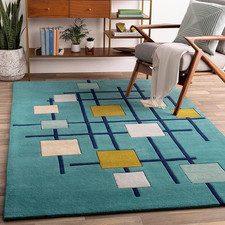 Hand Tufted Wool Area Rug Modern Geometric Teal Blue Yellow Squares Living Room