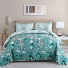Floral Quilt Set Queen Size, 3 Pieces Aqua Botancal Leaves Bedspread Coverlet Se