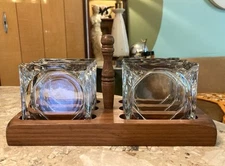Vintage Wood Ashtray Holder Caddy With Six Glass Ashtrays