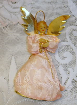 Vintage German Wax Angel Christmas Tree Topper Pink Silk with Gold