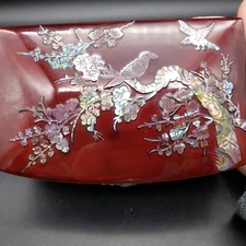 Vintage Korean Lacquer Jewelry Box Red MOP Inlay Birds Velvet Interior 1950s