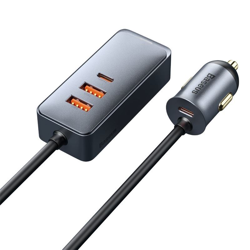 Car Quick Charger with Extension Cord 12-24V 120W 2xUSB + 2xUSB-C, Gray, Baseus