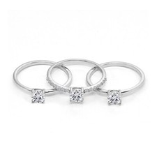 Set of 3 Cubic Zirconia Round Solitaire Stackable 925 Silver Band Rings, Size 7