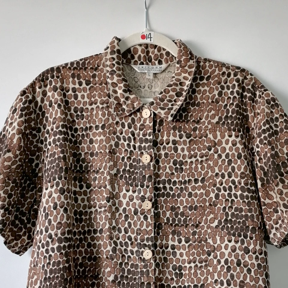 John Paul Richard 女式棕色豹纹纽扣短袖衬衫 L 码 — 第 2/4 张图片