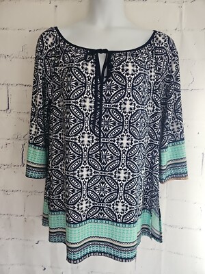 Misia Multicolor Medallion Pullover Tunic Top Plus 1X Round Tie Neck 3/4 Sleeve