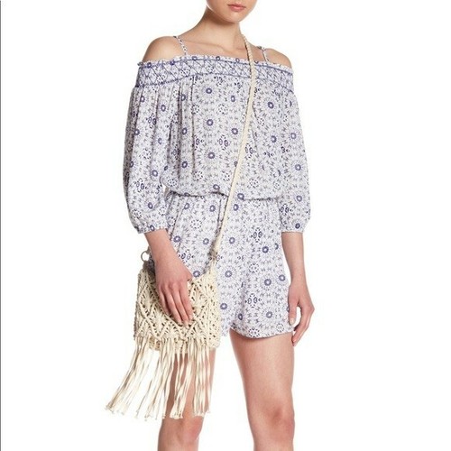 Skies are Blue Romper Small White Blue Cold Shoulder Smocked Elastic Waist